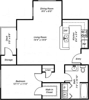 Floor plan for 1 bed, 1 bath, 755 sqft